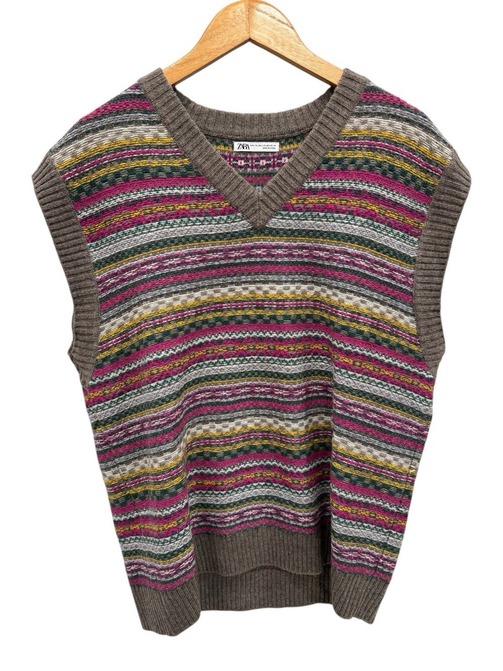 Zara Wool Blend Knit Striped Sweater Vest V-Neck Size L/XL Multicolor